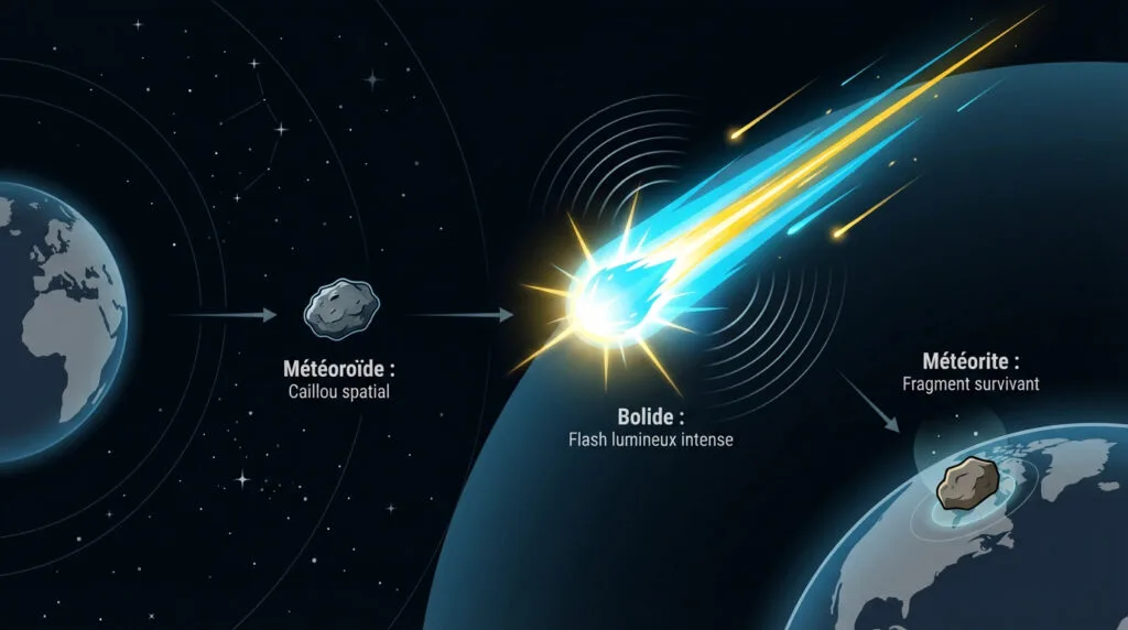 Illustration du voyage d'un corps céleste de l'espace jusqu'à son impact sur le sol terrestre
