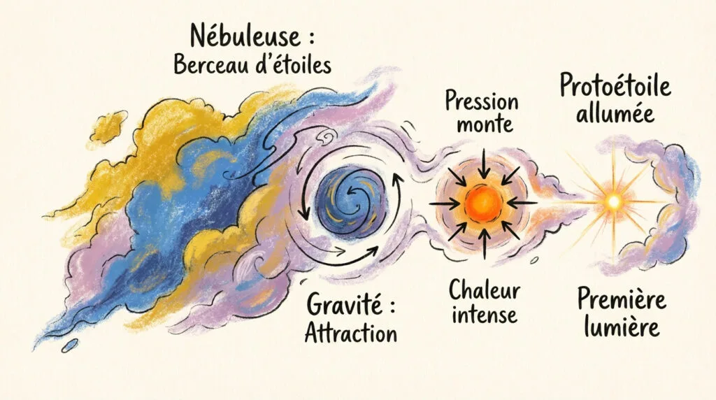 Nuage de gaz et de poussière interstellaire formant une nébuleuse colorée dans l'espace