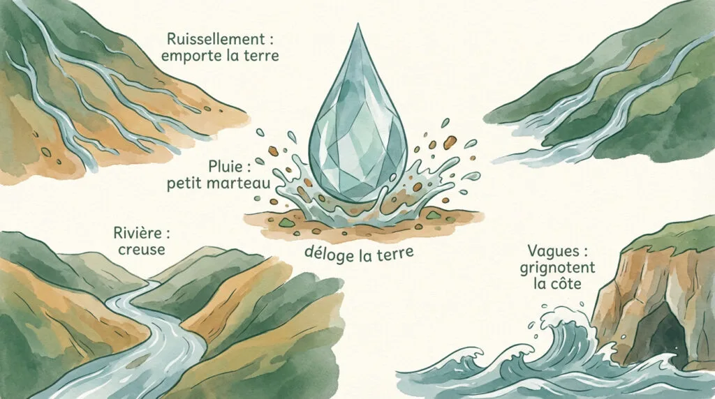 Illustration de l'érosion hydrique sculptant un paysage naturel