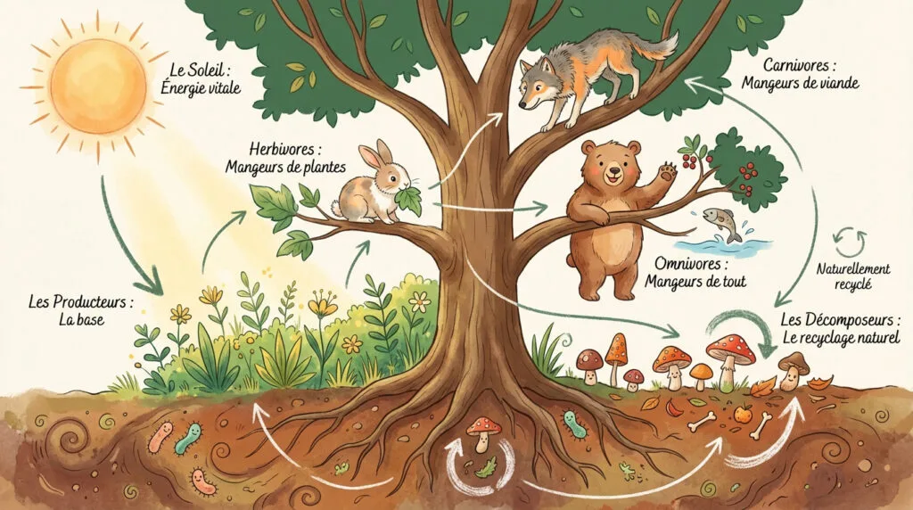 Schéma ludique de la chaîne alimentaire avec des animaux et des plantes