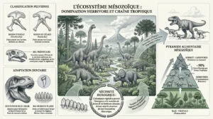 Infographie détaillée sur l'écosystème mésozoïque, montrant des dinosaures herbivores, leur anatomie et la chaîne alimentaire.