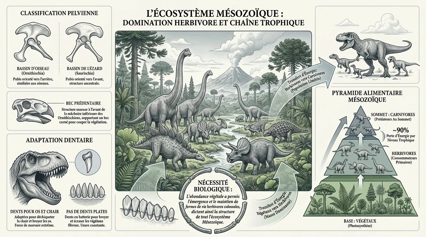 Infographie détaillée sur l'écosystème mésozoïque, montrant des dinosaures herbivores, leur anatomie et la chaîne alimentaire.
