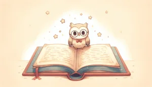 A cute cartoon owl with round glasses perched on an open storybook, with a few small stars floating above the pages, simple and clean