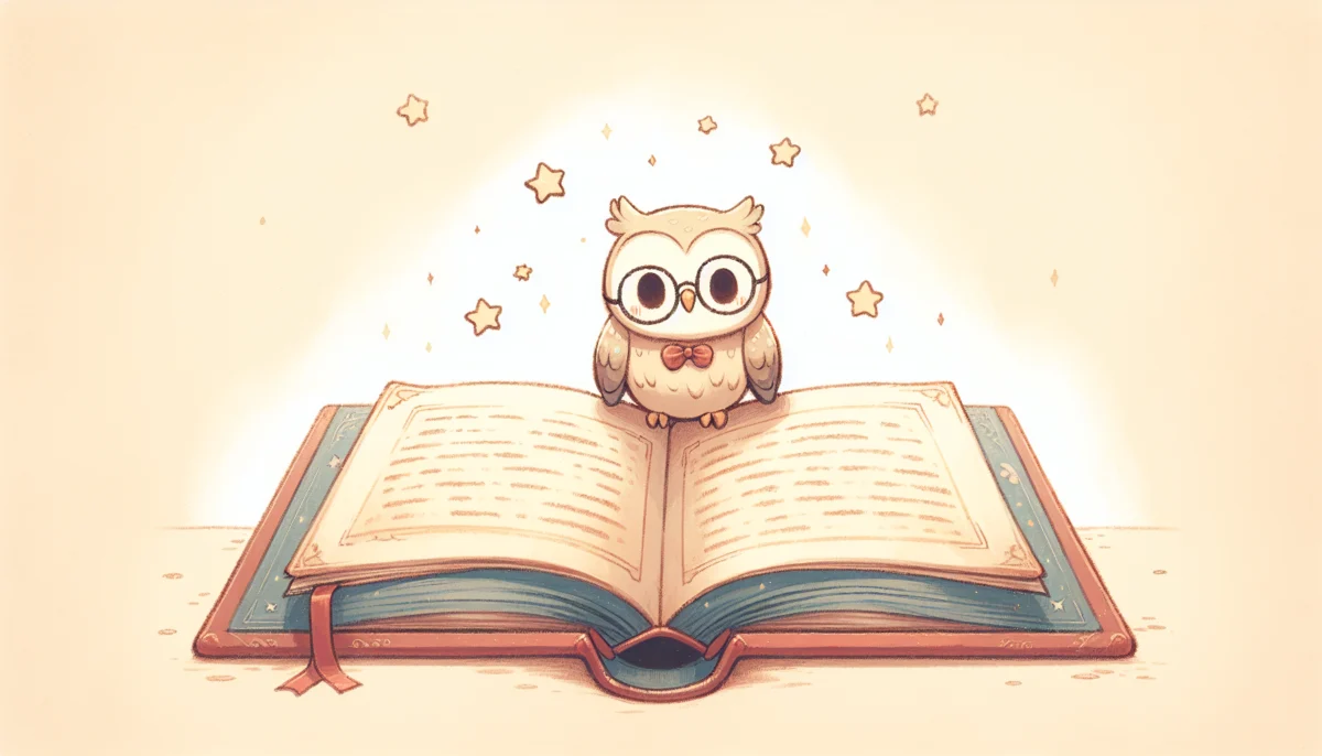 A cute cartoon owl with round glasses perched on an open storybook, with a few small stars floating above the pages, simple and clean