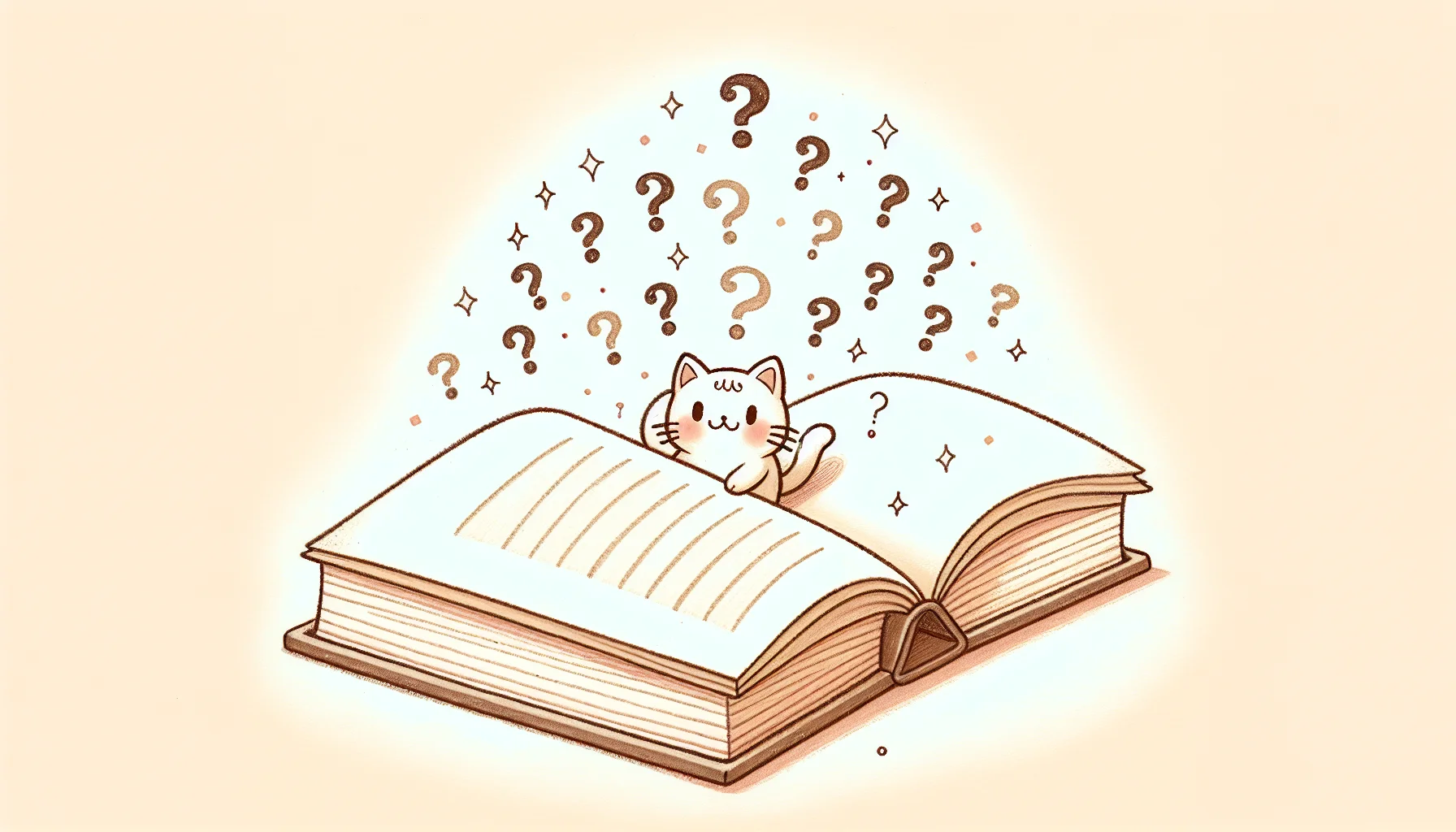 A cute cartoon cat curled up comfortably inside a large open book, with a few small question marks floating gently above, simple and clean