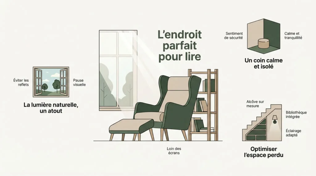 Aménagement d'un coin lecture lumineux près d'une fenêtre avec un fauteuil confortable