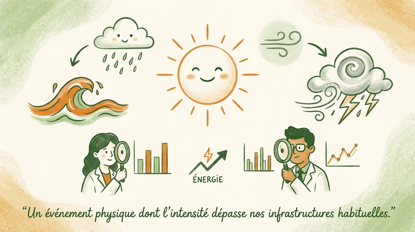Illustration de phénomènes météo (soleil, pluie, vagues, vent, orage). Deux scientifiques analysent l'énergie et des données. La légende définit une catastrophe naturelle.