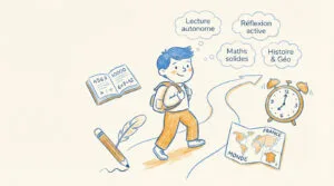 Enfant CE2 sur chemin d'apprentissage. Bulles de pensée : Lecture autonome, Maths solides, Histoire & Géo, Réflexion active. Éléments scolaires.