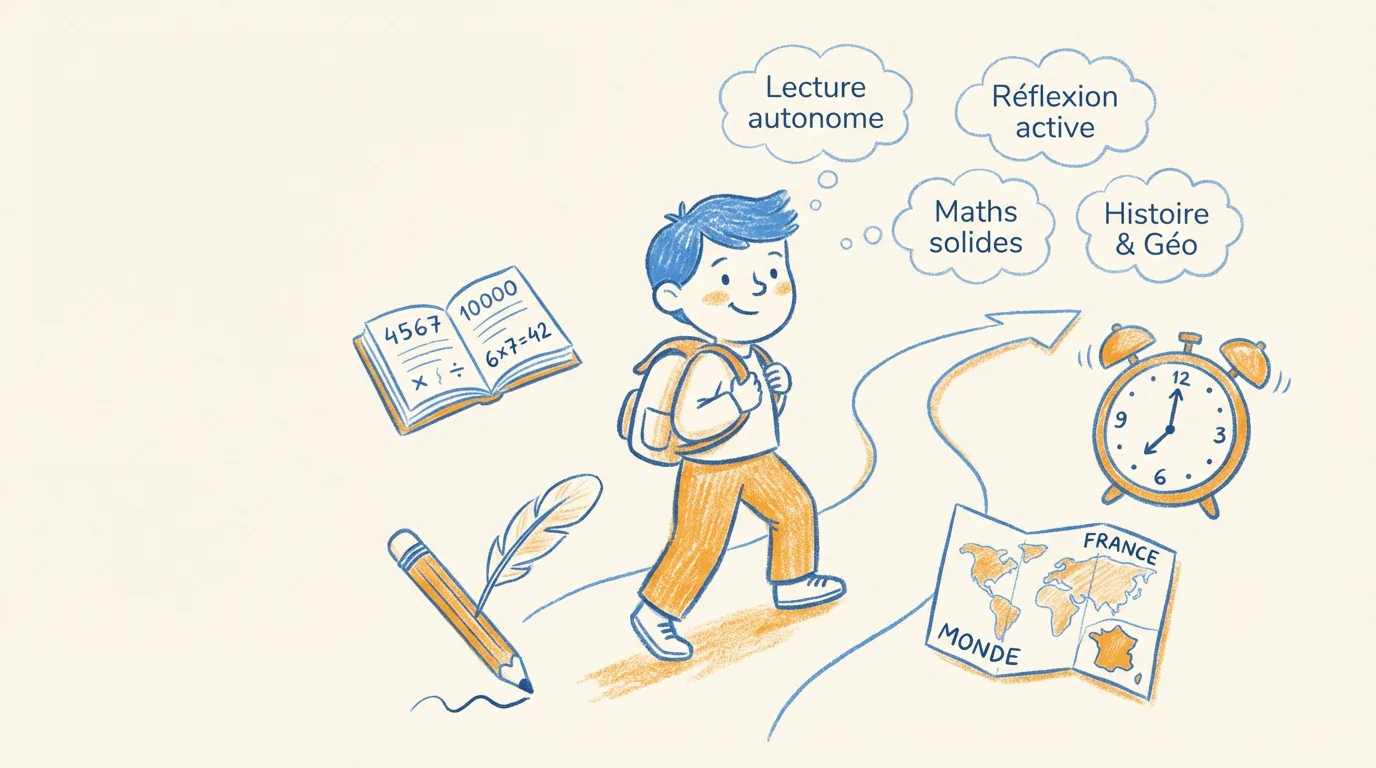 Enfant CE2 sur chemin d'apprentissage. Bulles de pensée : Lecture autonome, Maths solides, Histoire & Géo, Réflexion active. Éléments scolaires.