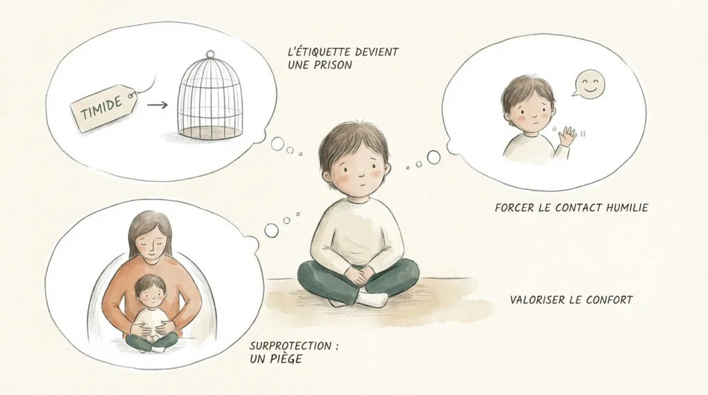 Enfant pensif cherchant protection derrière un parent