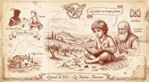 Illustration sépia de l'enfance de Léonard de Vinci en Toscane. Il dessine, entouré de son grand-père, ses parents, et la nature.