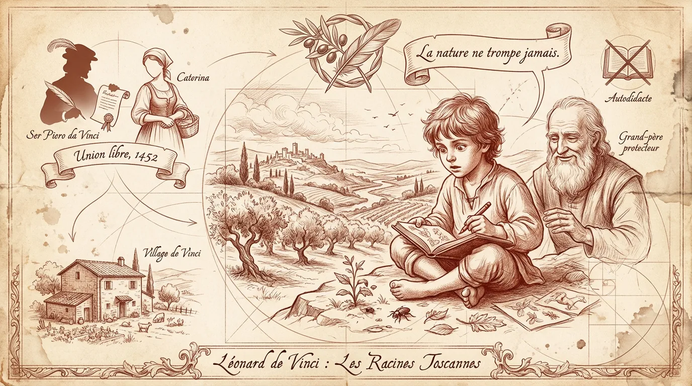 Illustration sépia de l'enfance de Léonard de Vinci en Toscane. Il dessine, entouré de son grand-père, ses parents, et la nature.