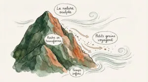 Illustration aquarelle de l'érosion montagneuse : roches se transformant, grains voyageant, sculptés par la nature sur temps infini.