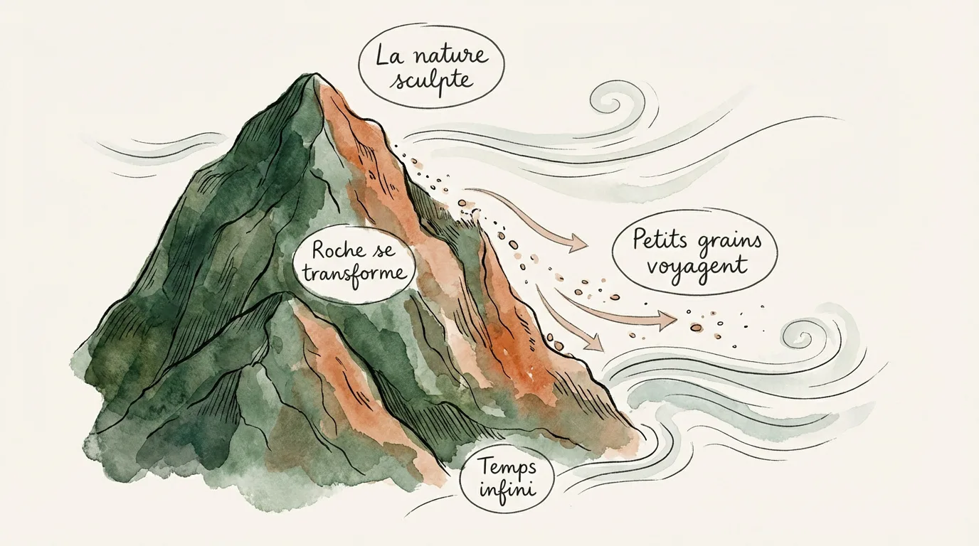 Illustration aquarelle de l'érosion montagneuse : roches se transformant, grains voyageant, sculptés par la nature sur temps infini.