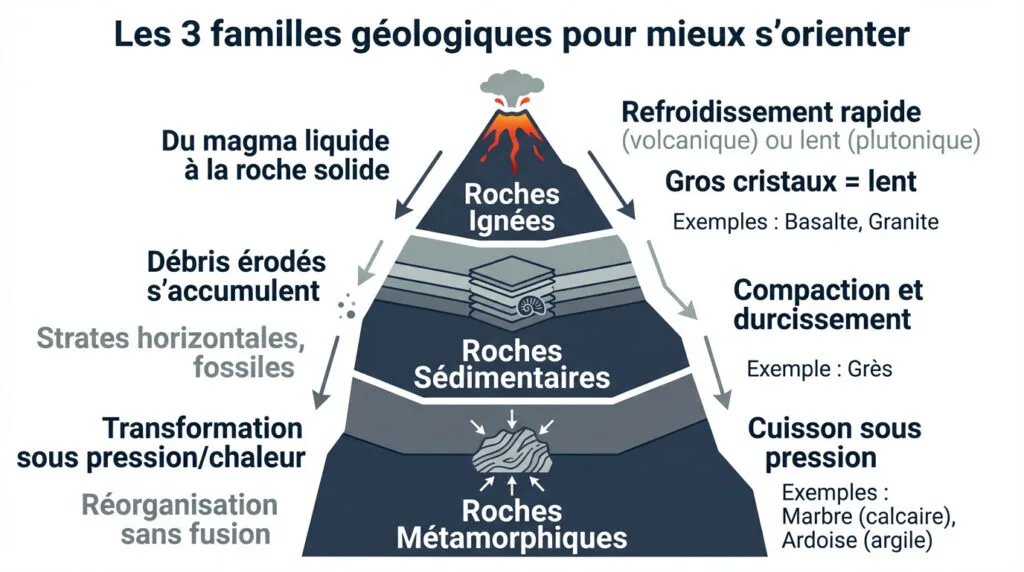 Schéma explicatif des trois familles de roches : ignées, sédimentaires et métamorphiques