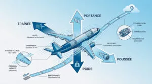 Diagramme expliquant les forces de portance, poids, poussée et traînée agissant sur un avion en vol, avec détails sur les ailes et moteurs.