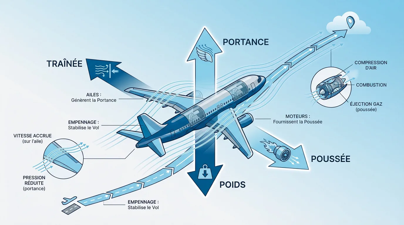 Diagramme expliquant les forces de portance, poids, poussée et traînée agissant sur un avion en vol, avec détails sur les ailes et moteurs.