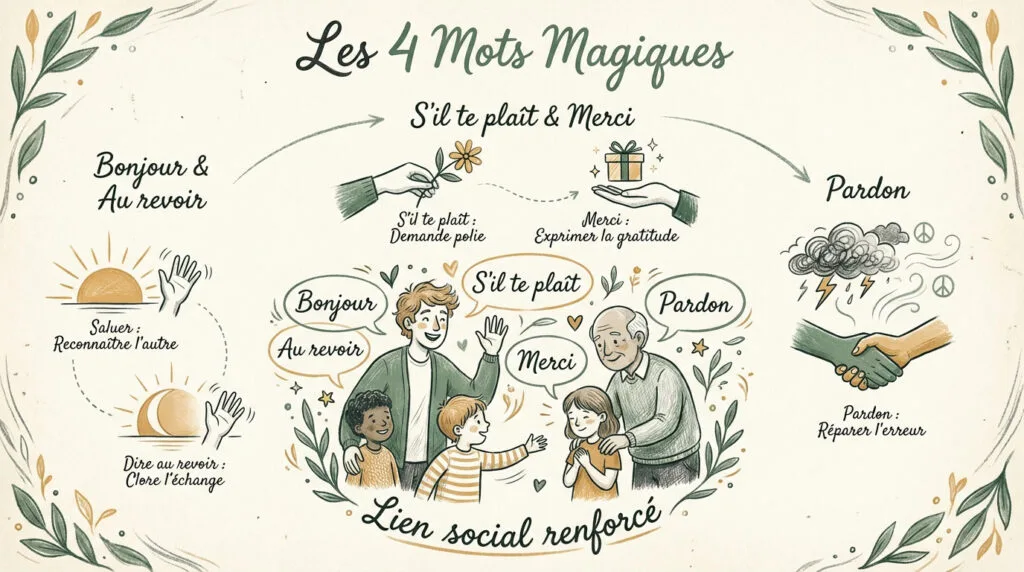 Enfant qui apprend les formules de politesse avec ses parents