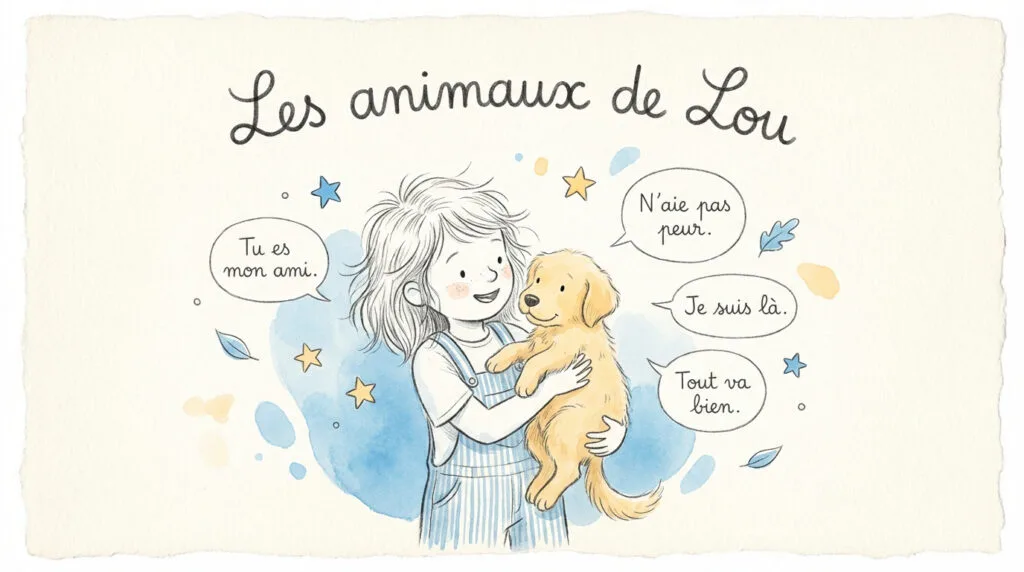 Couverture du livre Les animaux de Lou montrant la petite fille et ses amis à poils