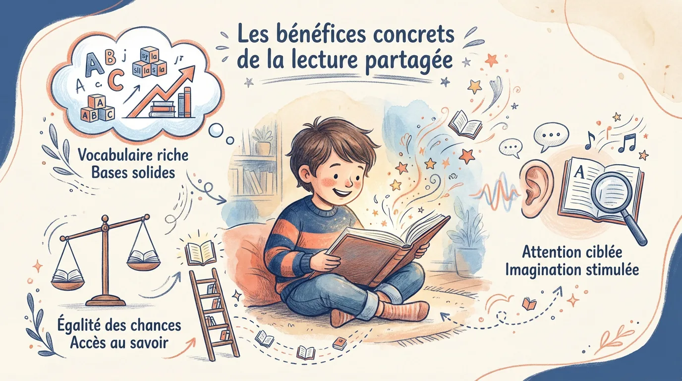 Illustration d'un enfant lisant, entouré de symboles représentant les bénéfices de la lecture : vocabulaire riche, imagination, attention et accès au savoir.