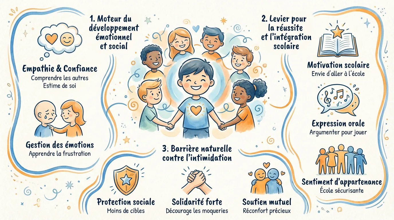Schéma illustré des avantages de l'amitié pour les enfants: développement émotionnel, réussite scolaire, et protection contre l'intimidation.