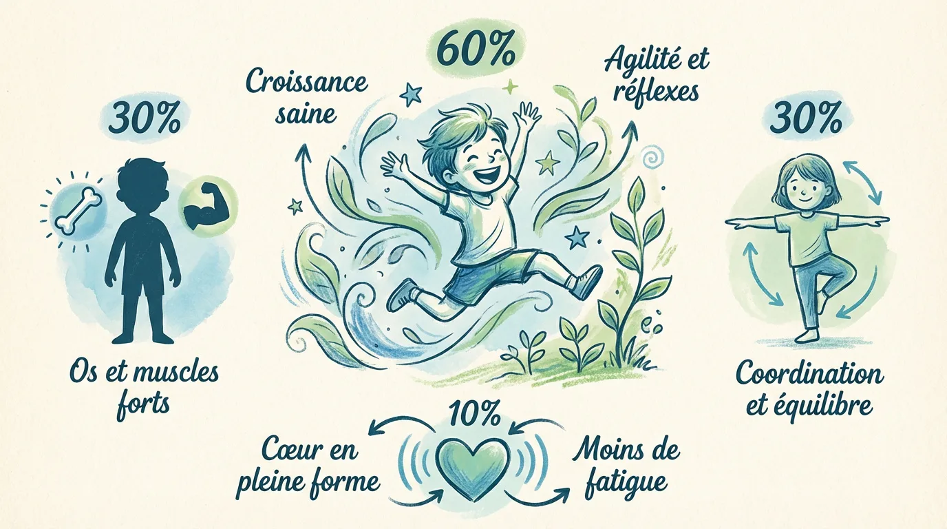 Infographie illustrant les bienfaits du sport pour l'enfant: croissance, agilité, os, muscles, coordination, équilibre, cœur sain, moins de fatigue.