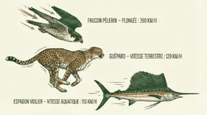 Illustration de trois animaux champions de vitesse : faucon pèlerin (390 km/h), guépard (120 km/h), espadon voilier (110 km/h).