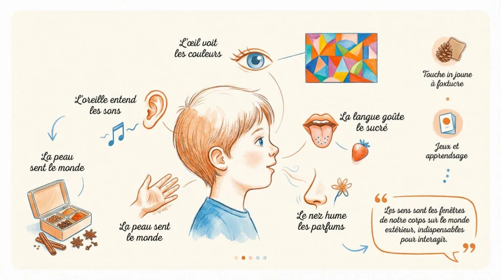 Illustration pédagogique des cinq sens pour les enfants