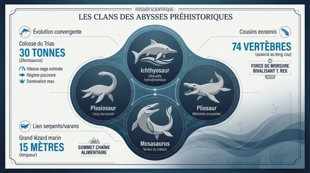 Représentation artistique de grands reptiles marins préhistoriques dans les profondeurs de l'océan