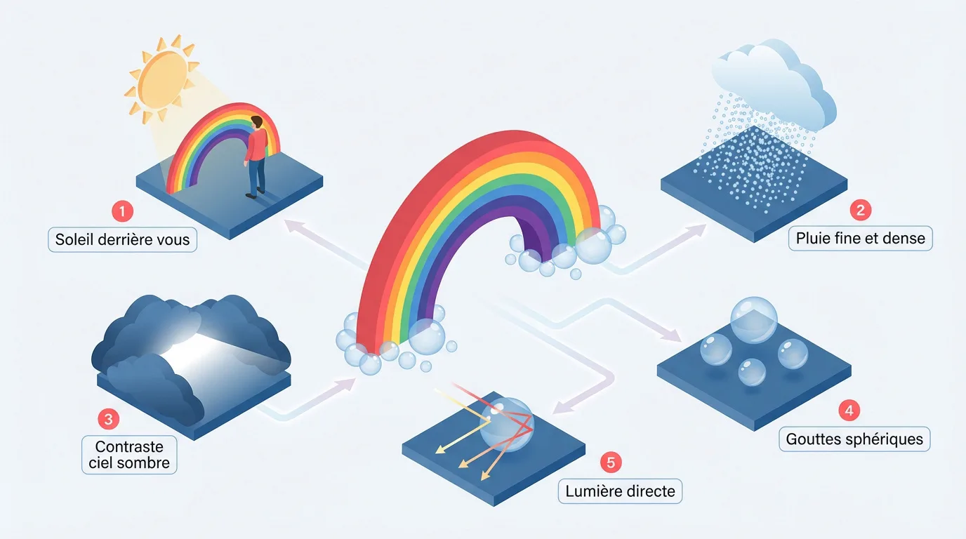 Infographie sur la formation d'un arc-en-ciel. Cinq panneaux illustrent le soleil derrière, la pluie, le ciel sombre, les gouttes et la réfraction de la lumière.