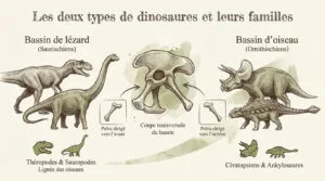 Infographie illustrant la classification des dinosaures en saurischiens (bassin de lézard) et ornithischiens (bassin d'oiseau), avec exemples et structure pelvienne.