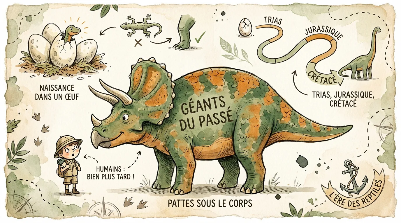 Carte éducative sur les dinosaures avec Tricératops, bébé éclos, timeline géologique, enfant et explications clés.