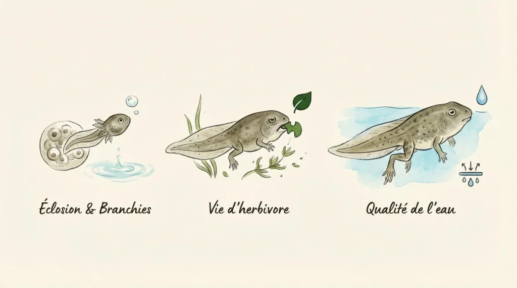 Schéma illustrant les différentes phases de croissance du têtard dans l'eau