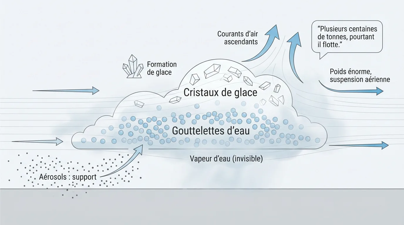 Diagramme illustrant la formation des nuages avec aérosols, vapeur d'eau, gouttelettes et cristaux de glace, et courants d'air.