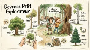 Illustration colorée d'enfants explorant la forêt, avec des descriptions de chêne, hêtre, bouleau et sapin pour apprendre.