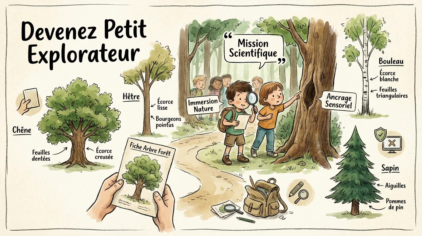 Illustration colorée d'enfants explorant la forêt, avec des descriptions de chêne, hêtre, bouleau et sapin pour apprendre.