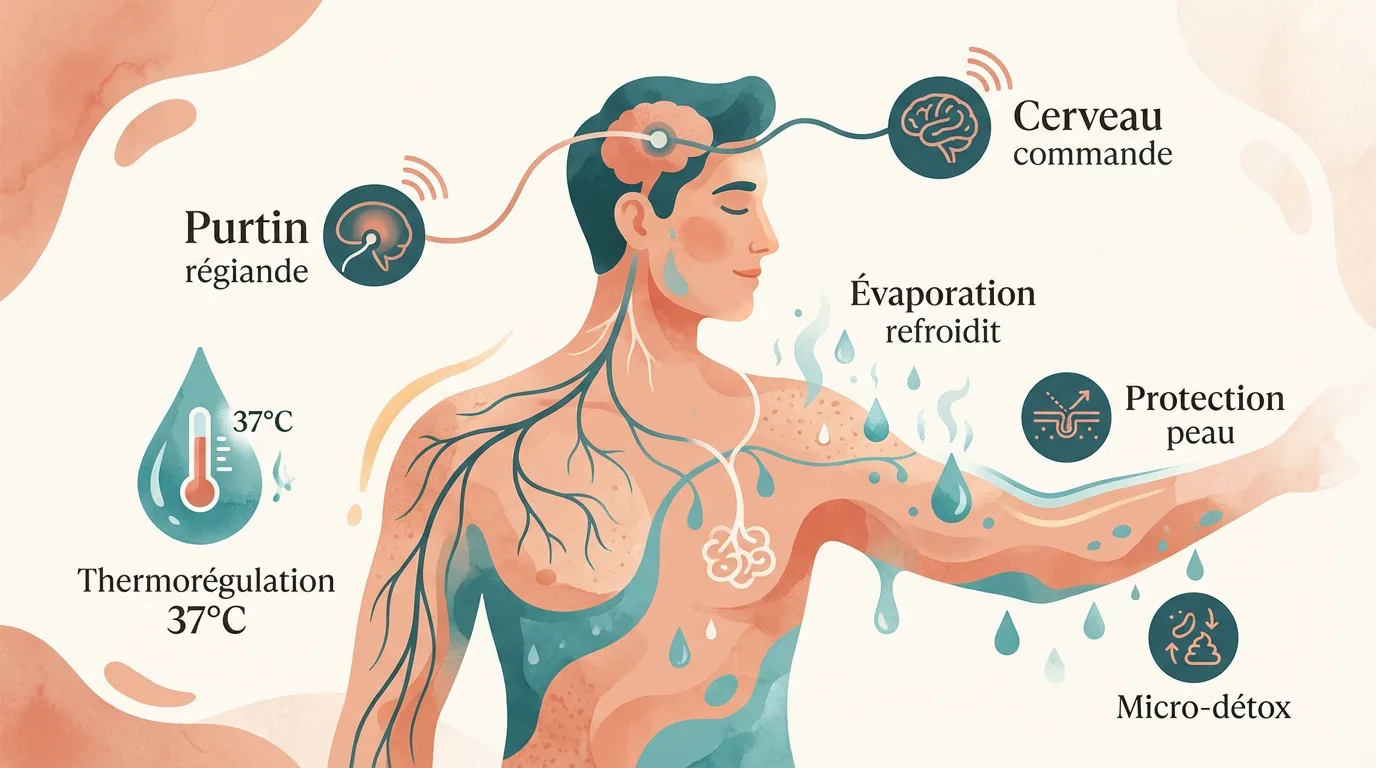 Illustration du corps humain transpirant, détaillant la régulation cérébrale et les fonctions de la sudation: refroidissement, protection cutanée et micro-détoxification.