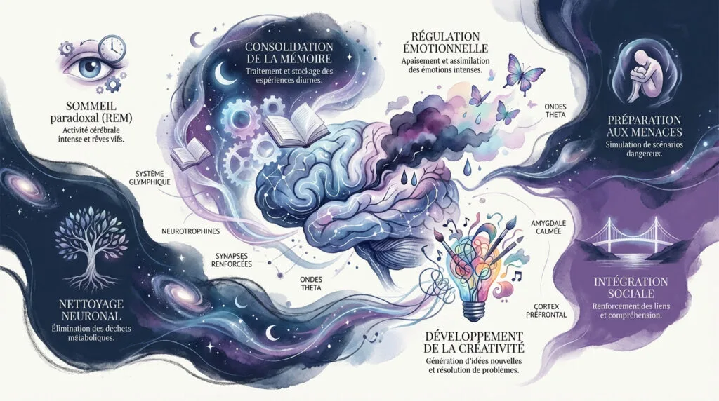 Illustration symbolique des fonctions du rêve et de l'activité cérébrale nocturne