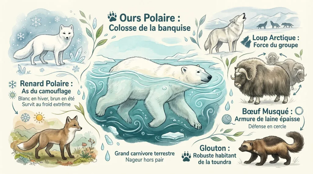 Ours polaire et bœuf musqué dans le paysage glacé de l'Arctique