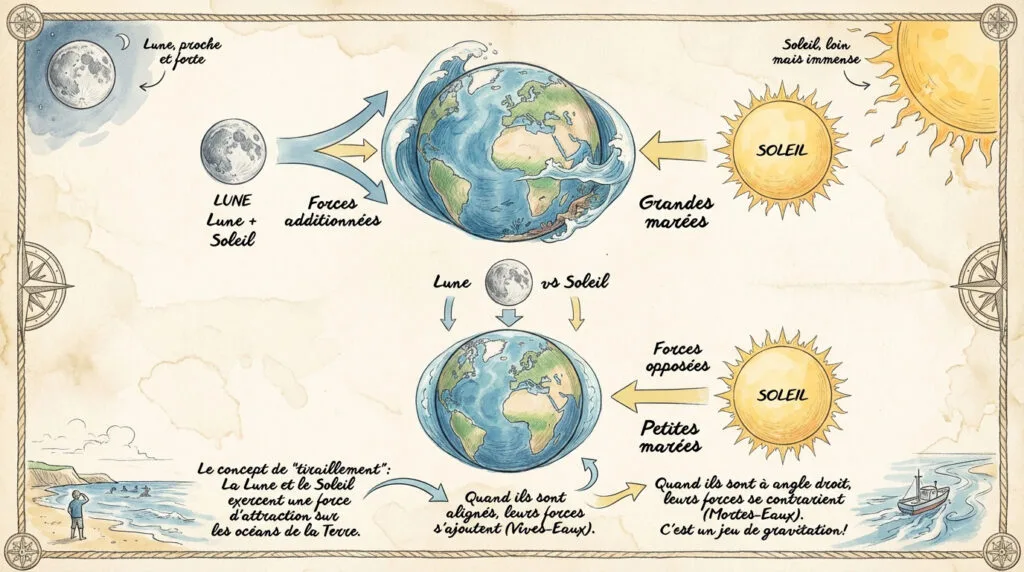 Schéma expliquant l'attraction de la lune et du soleil sur les océans terrestres