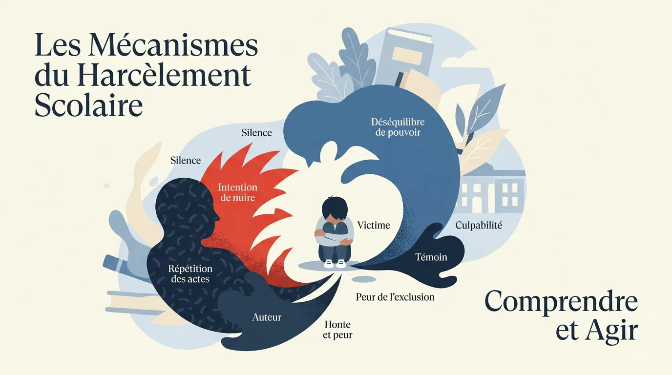 Infographie sur les mécanismes du harcèlement scolaire : victime, auteur, témoins, déséquilibre de pouvoir, silence et peur.