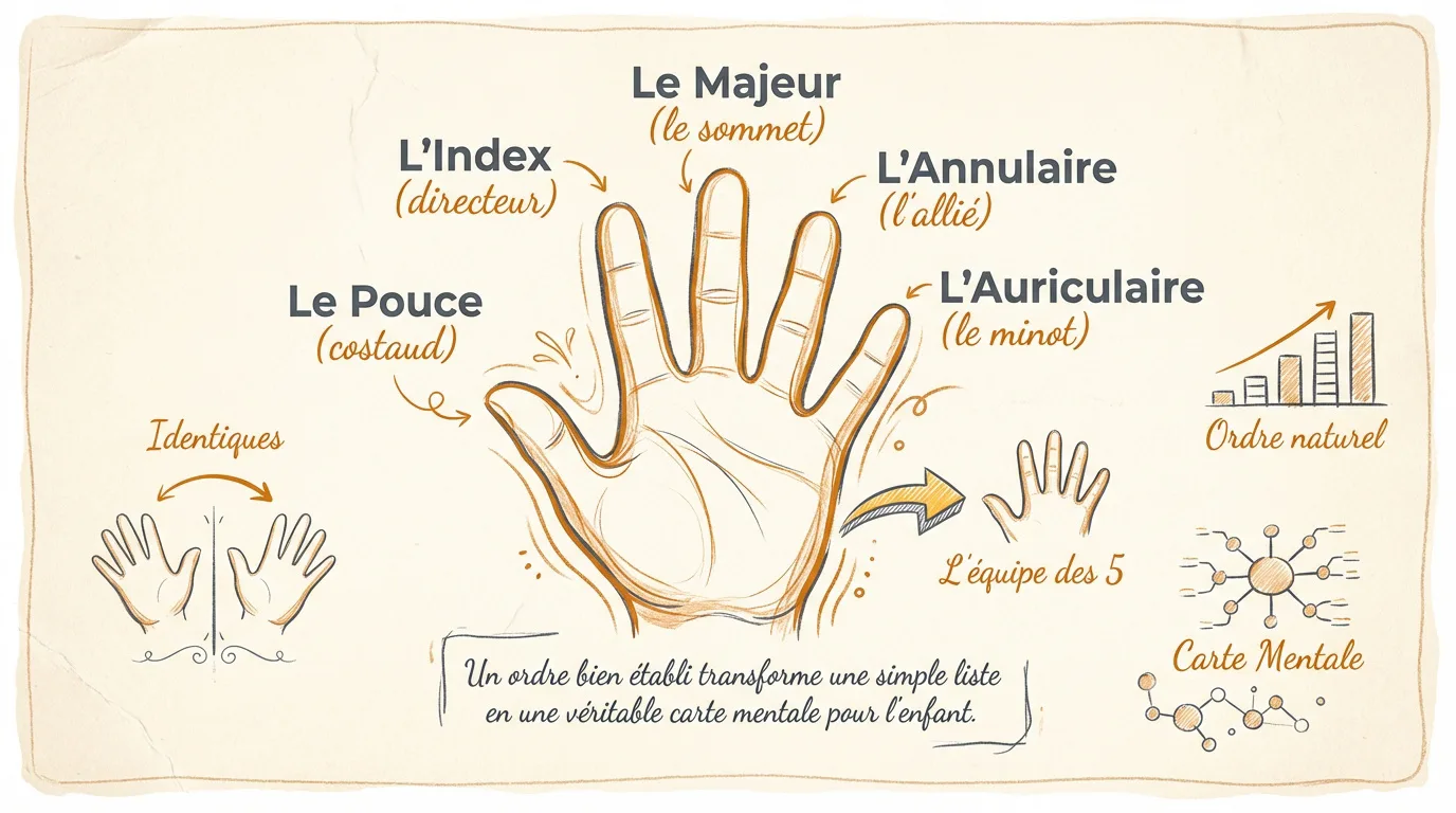 Main illustrée avec noms et surnoms des doigts (Pouce, Index, Majeur, Annulaire, Auriculaire), pour l'apprentissage des enfants.
