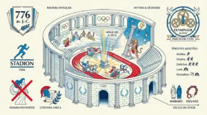 Infographie des JO antiques avec stade, dieux, épreuves (Stadion), exclusions (femmes, barbares) et date 776 av. J.-C.