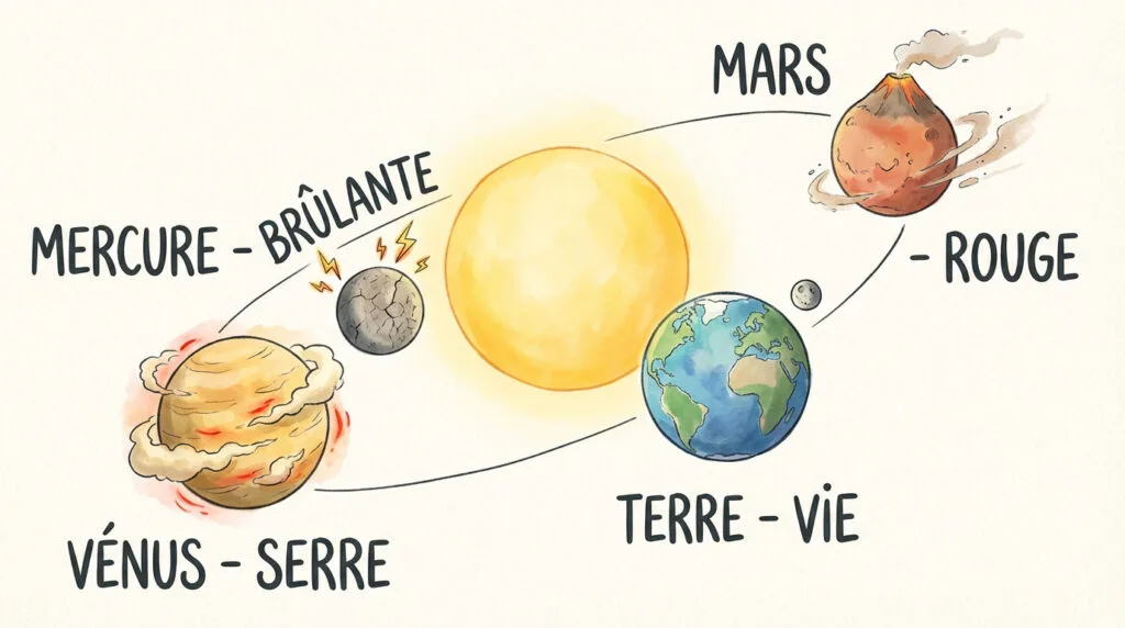 Représentation des quatre planètes telluriques Mercure, Vénus, la Terre et Mars