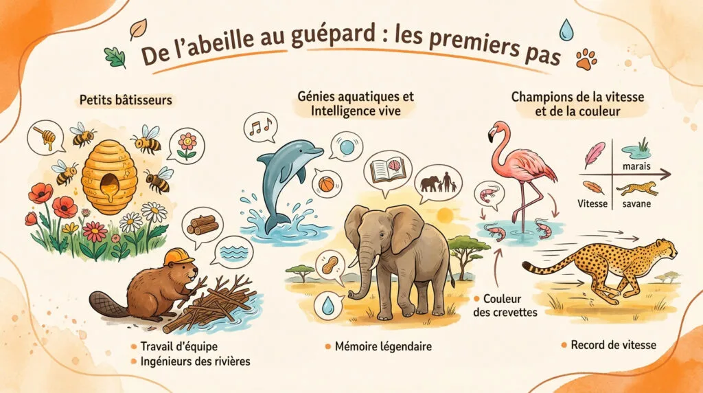 Illustration ludique d'une abeille, d'un dauphin et d'un guépard pour enfants