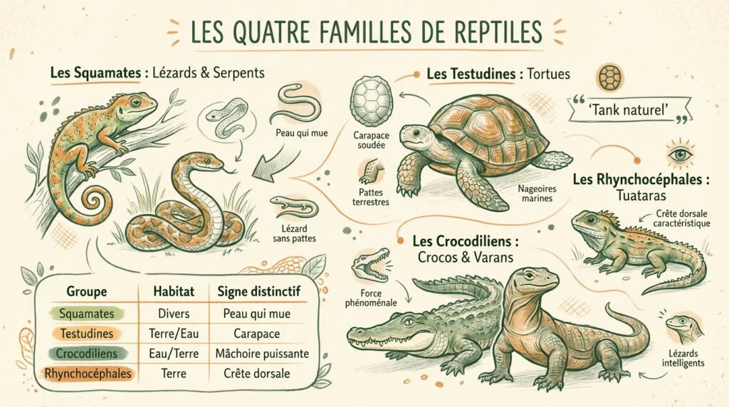Infographie présentant les quatre familles de reptiles expliqués aux enfants : serpents, lézards, tortues et crocodiles.