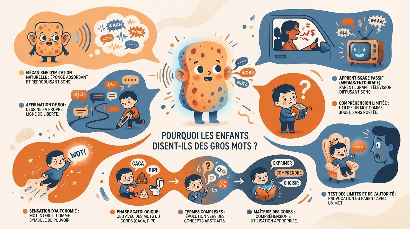 Infographie illustrant neuf raisons pour lesquelles les enfants disent des gros mots : imitation, apprentissage passif, affirmation de soi, etc.