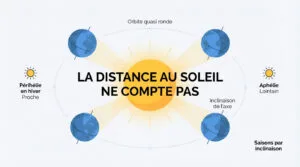 Infographie du Soleil et de la Terre en orbite. L'inclinaison de l'axe terrestre, non la distance, explique les saisons.