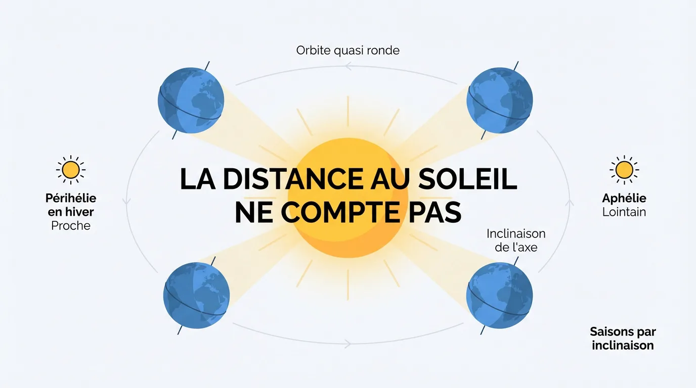 Infographie du Soleil et de la Terre en orbite. L'inclinaison de l'axe terrestre, non la distance, explique les saisons.