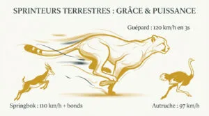 Illustration stylisée d'un guépard, springbok et autruche en course, affichant leurs records de vitesse terrestre.